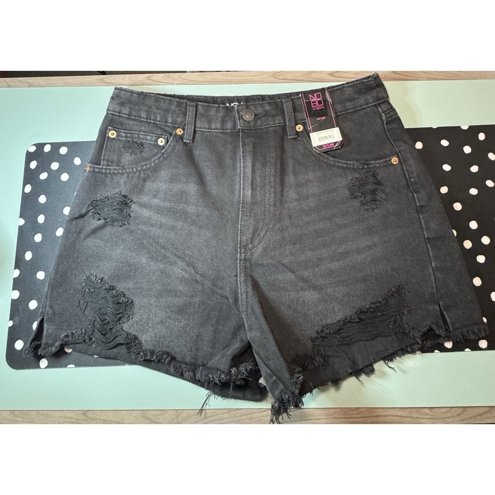 No Boundaries Juniors 11 Black High Rise Distressed Raw Hem Denim Shorts